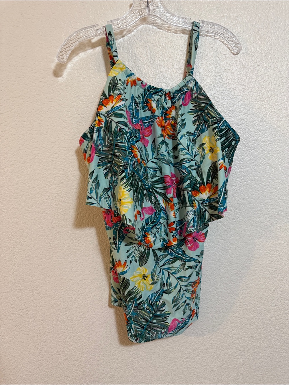 Cacique Swim Mint Tropical Floral Ruffle top-size 14